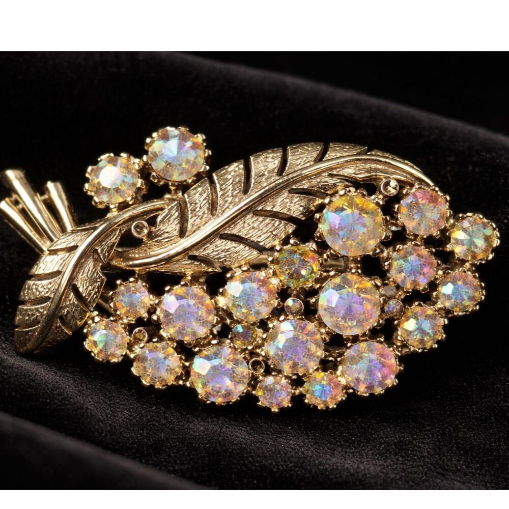 1960s Retro Glamour AB Rhinestone Leaf Brooch, Vintage Gold Tone Crystal Floral